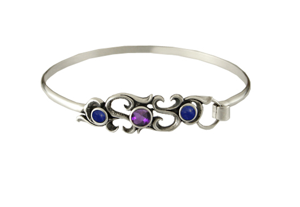 Sterling Silver Filigree Strap Latch Spring Hook Bangle Bracelet With Amethyst And Lapis Lazuli